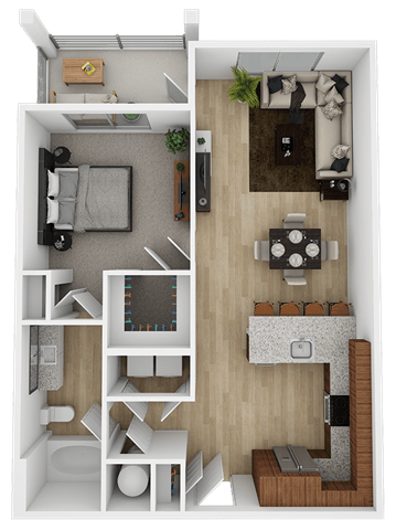 Floor plan for 1 bed, 1 bath, 734 sqft